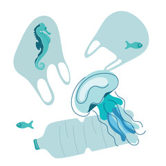 Dirty ocean environment. The animals, fish, jellyfish, sea horse swim with trash, plastic bottle, plastic bag. Vector illustration with climate change, SAVE EARTH NOW. People pollutes the planet.