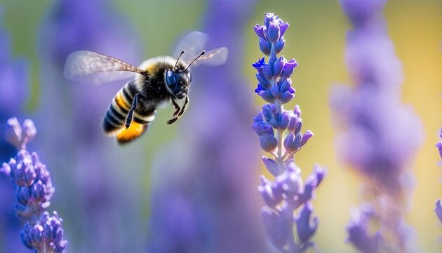  a bee flying over a bunch of lavender flowers in a field of lavenders in the sun, with a blurry background of the flowers.  generative ai