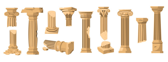 Greek columns. Ancient roman stone pillars, old classical architecture colonnade ruins, antique cracked arches cartoon style. Vector isolated set