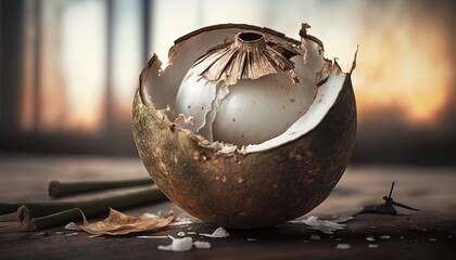  a broken coconut shell on a wooden table with a bamboo stick in the foreground and a window in the background with light coming through the window.  generative ai