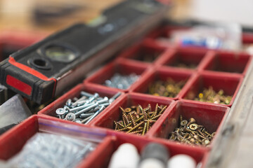 many different screws in the  organizer of master for work