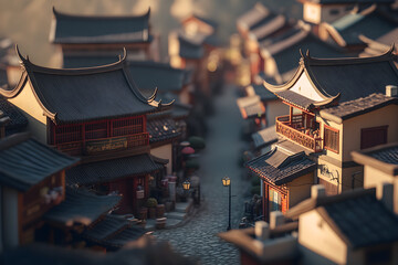 Fototapeta na wymiar Old school town in china in miniature style, high detail - generative ai