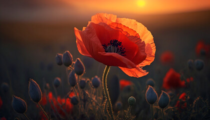 Red poppies in the field in the sunset, generative ai - obrazy, fototapety, plakaty