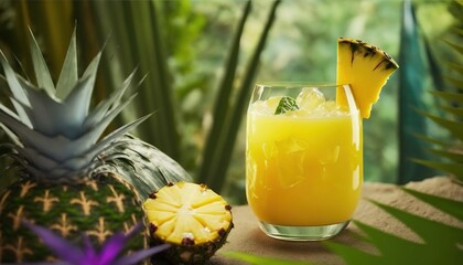  a glass of orange juice next to a pineapple and a pineapple on a table in a tropical setting with a green leafy background.  generative ai