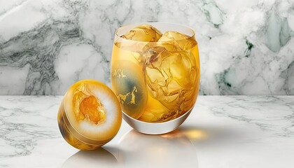 Fototapeta na wymiar a glass filled with ice and a half eaten piece of fruit on a marble counter top next to a marble wall with a marble pattern. generative ai
