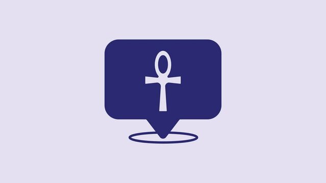 Blue Cross ankh icon isolated on purple background. Egyptian word for life or symbol of immortality. 4K Video motion graphic animation