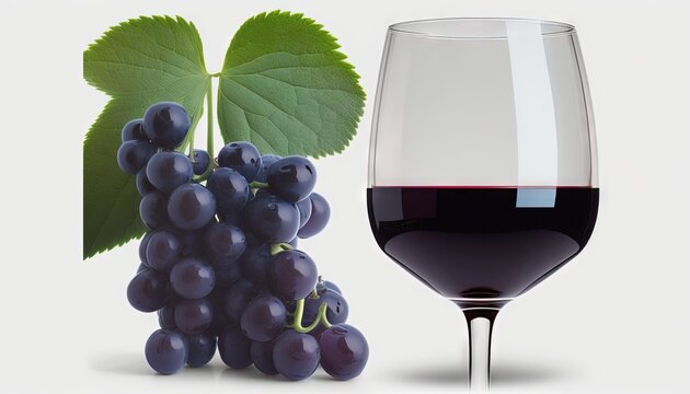  a glass of red wine next to a bunch of grapes and a green leaf on a white background with a shadow of the wine glass.  generative ai