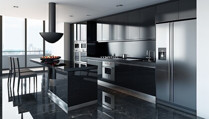  a modern kitchen with a black marble counter top and stainless steel appliances and a large window overlooking the cityscape in the distance,.  generative ai