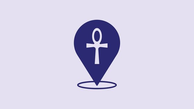 Blue Cross ankh icon isolated on purple background. Egyptian word for life or symbol of immortality. 4K Video motion graphic animation