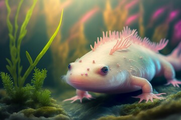 Axolotl underwater close-up, Generative AI