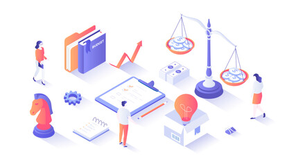 Business Planning. Startup, success strategy, target, idea, investment, money making. Business plan on clipboard, budget. Isometry illustration with people scene for web graphic.