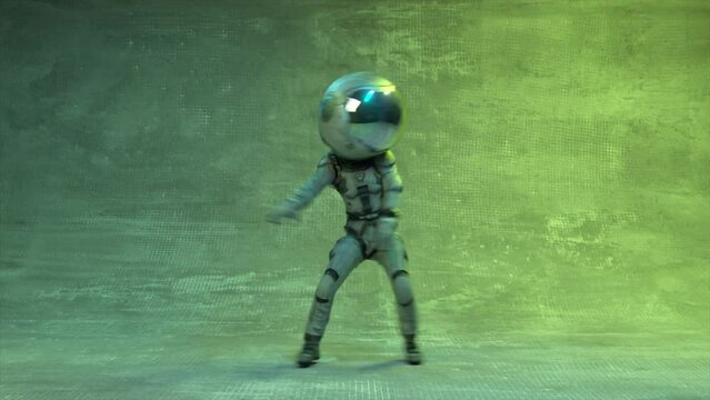 Dancing astronaut with a large round helmet on his head. Green blue neon light blinking. 3d animation