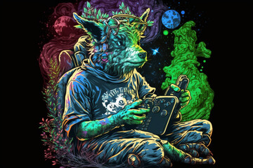 TRIPPY MYTHICAL ANIMAL PLAYING WITH TECHNOLOGY 