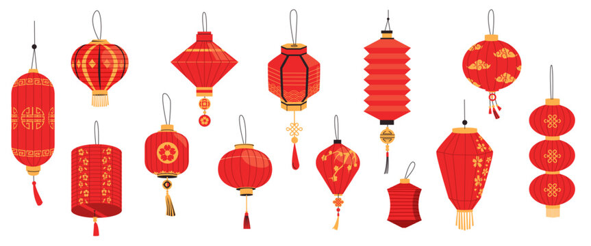 Asian lantern. Chinese japanese korean festival lights, oriental paper lamps for traditional chinatown holiday celebration cartoon flat style. Vector isolated set
