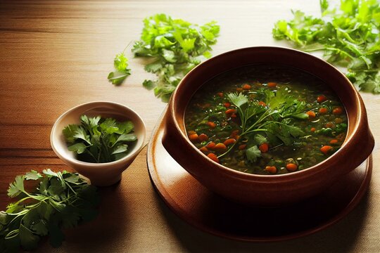 Vegetarian Vegetable Lentil Soup With Fresh Parsley, Top View, Generative Ai