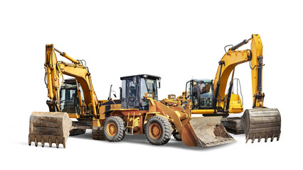 Two crawler excavators and bulldozer loader close-up on a white isolated background.Construction...