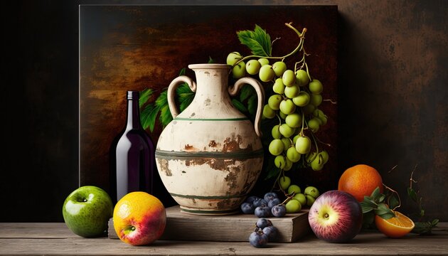  a painting of a vase, grapes, apples, and a bottle of wine on a table with a painting of grapes and apples in the background.  generative ai