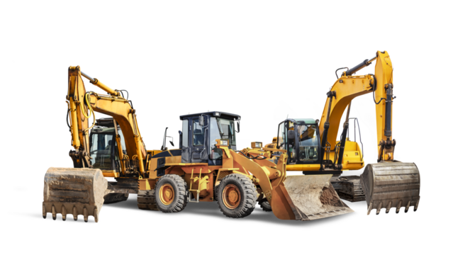 Two crawler excavators and bulldozer loader close-up on a white isolated background.Construction equipment for earthworks. element for design.