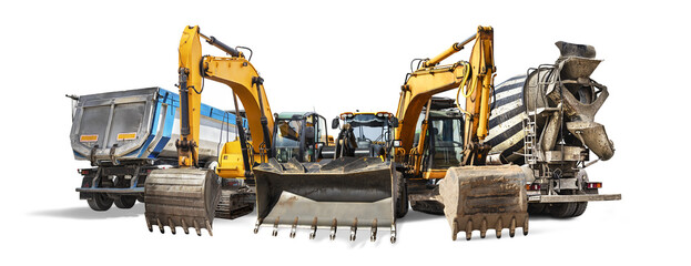 A large group of construction equipment isolated on a white background. Rental of construction...