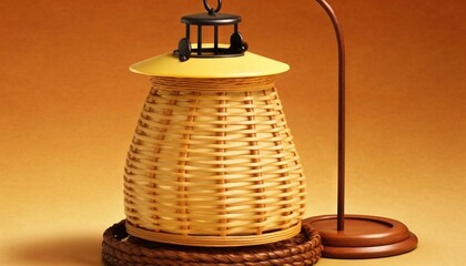  a wicker lamp with a wooden base and a brown base with a light on top and a brown base with a light on top.  generative ai