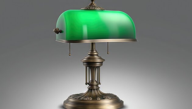  a green lamp on a silver table with a green shade on top of the lamp is on a gray background with a shadow from the floor.  generative ai