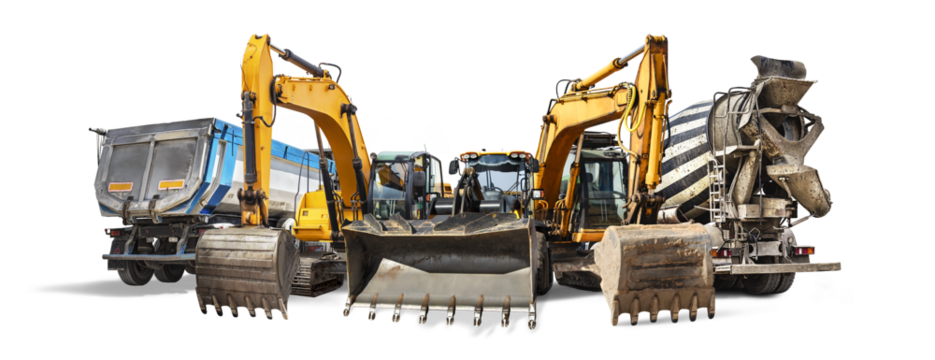 A large group of construction equipment isolated on a white background. Rental of construction equipment. Excavator, loader, bedozer, atobetonosmesitel, dump truck. element for design.