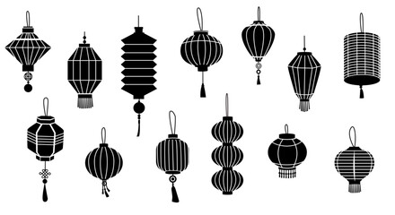 Black Asian lanterns. Simple chinese paper lamps silhouettes, traditional oriental lights for festival decoration holiday celebration. Vector isolated collection