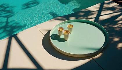 a pair of yellow candles sitting on top of a table next to a swimming pool with a shadow cast on the floor and a shadow cast on the floor.  generative ai