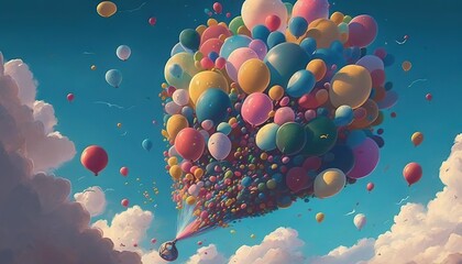  a bunch of balloons floating in the air above clouds and a sky full of blue and white clouds, with a person standing on a motorcycle in the foreground.  generative ai - obrazy, fototapety, plakaty