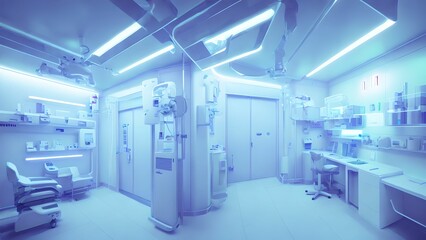 Naklejka na ściany i meble futuristic interior clean modern medical room with neon light, generative art by A.I.