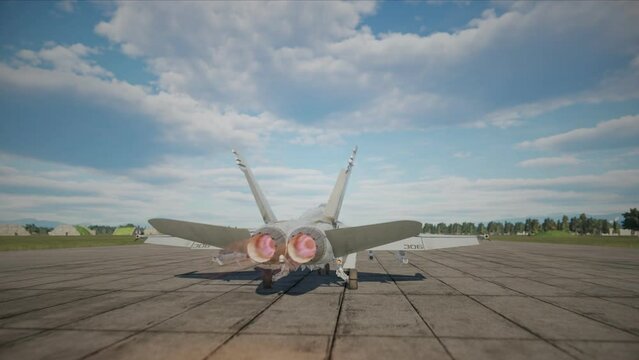 F-18 fighter jet taking off from a runway. Computer animation