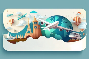airplane world tourism trip concept, Journey in vacation. vector, illustration modern flat design. copy space text, Generative Ai