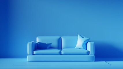 Minimalist interior design with sofa in blue color. 3d rendering monochrome interior concept