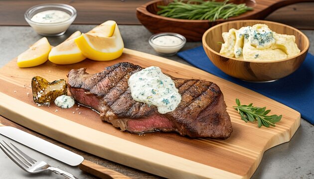  a steak with blue cheese sauce on a wooden cutting board next to a bowl of potato salad and a bowl of lemon wedges on a table.  generative ai
