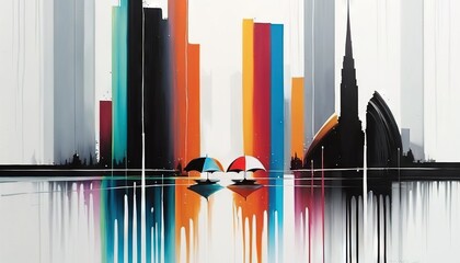  a painting of a city with a rainbow of buildings and umbrellas in the foreground, and a reflection of the city in the water.  generative ai
