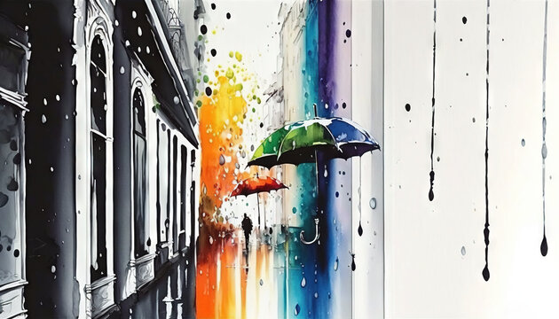  a painting of a rainbow colored building with a rainbow umbrella in the foreground and a rainbow painted building in the background with raindrops on the wall.  generative ai