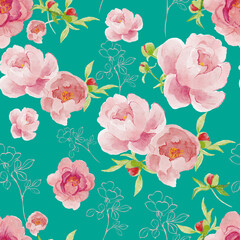 seamless pattern with roses on green background. 