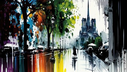  a painting of a city street with a church in the background and a rainbow reflection in the water of the street and people walking on the sidewalk.  generative ai