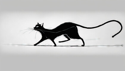  a black cat walking across a white floor next to a wall with a black cat on it's back legs and a black cat's tail.  generative ai