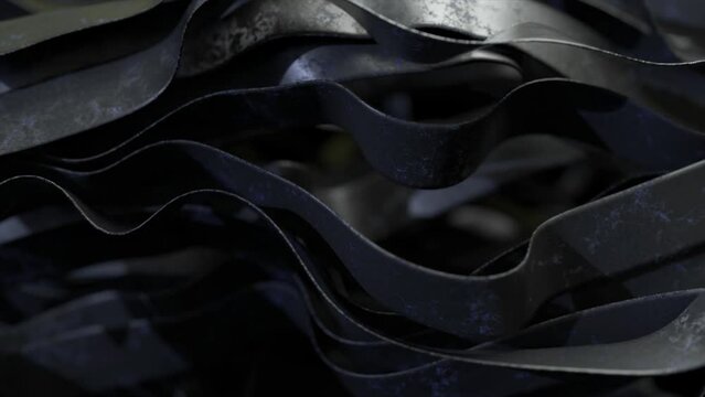 Abstract concept. Many black rubber straps move slowly and quickly. Waves. Leather belt. 3d animation