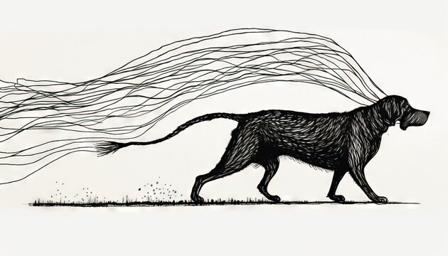  a drawing of a dog with long hair on it's head and tail, walking across a field with grass and weeds in the foreground.  generative ai