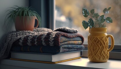  a stack of blankets and a potted plant sit on a window sill next to a stack of folded blankets and a mug of yarn.  generative ai