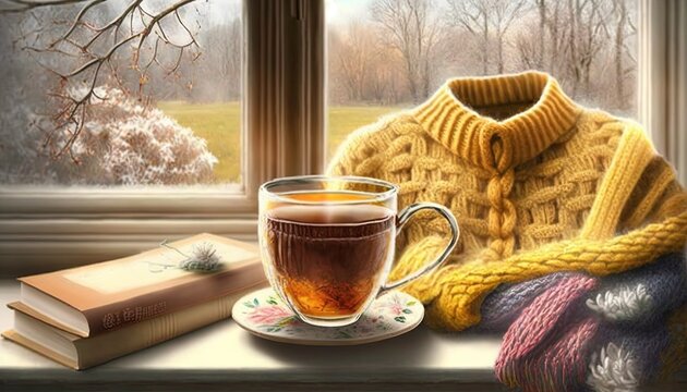  a painting of a cup of tea and a scarf on a window sill with a book and a book bag next to it and a book.  generative ai