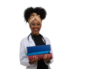  young woman medical student with textbooks looks at camera and smiles. 