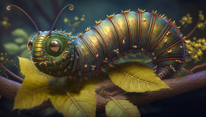 Palmerworm on a branch, terrestrial invertebrate, agricultural pest, with many legs and a hairy body, Generative AI