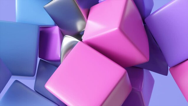 Small cube pillows flock to the center and stick to each other. Geometric figures. Blue, pink, purple, metallic color.