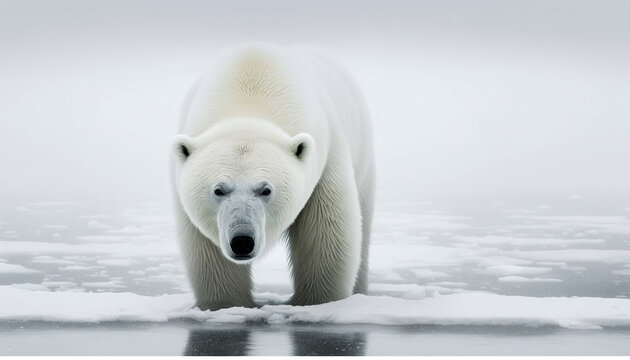 Awe-inspiring close-up of a polar bear looking into the camera on an arctic ice flow, Generative AI