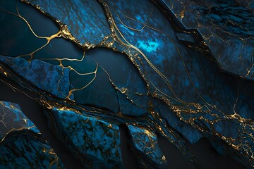 Polished blue marble with gold veins. Abstract background texture.