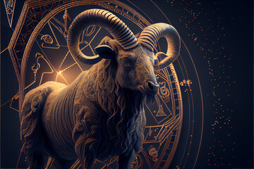 Capricorn zodiac sign astrological background. The goat horned horoscope sign. Astrology theme. High quality ai generated illustration.