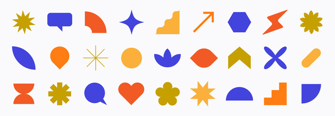 Collection of basic geometric shapes. Set of simple and colorful symbols. Set of trendy and isolated elements. Flat vector signs for web. Design elements. Abstract icons. Minimal pictograms pack.